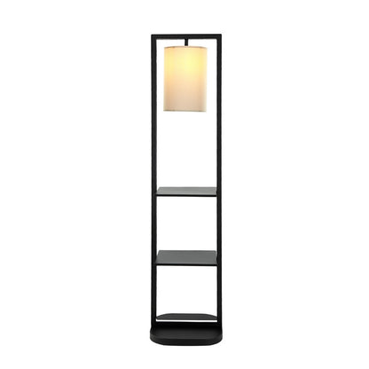 74 Inch Floor Lamp with 2 Shelves, Round Lampshade, Black Iron, White