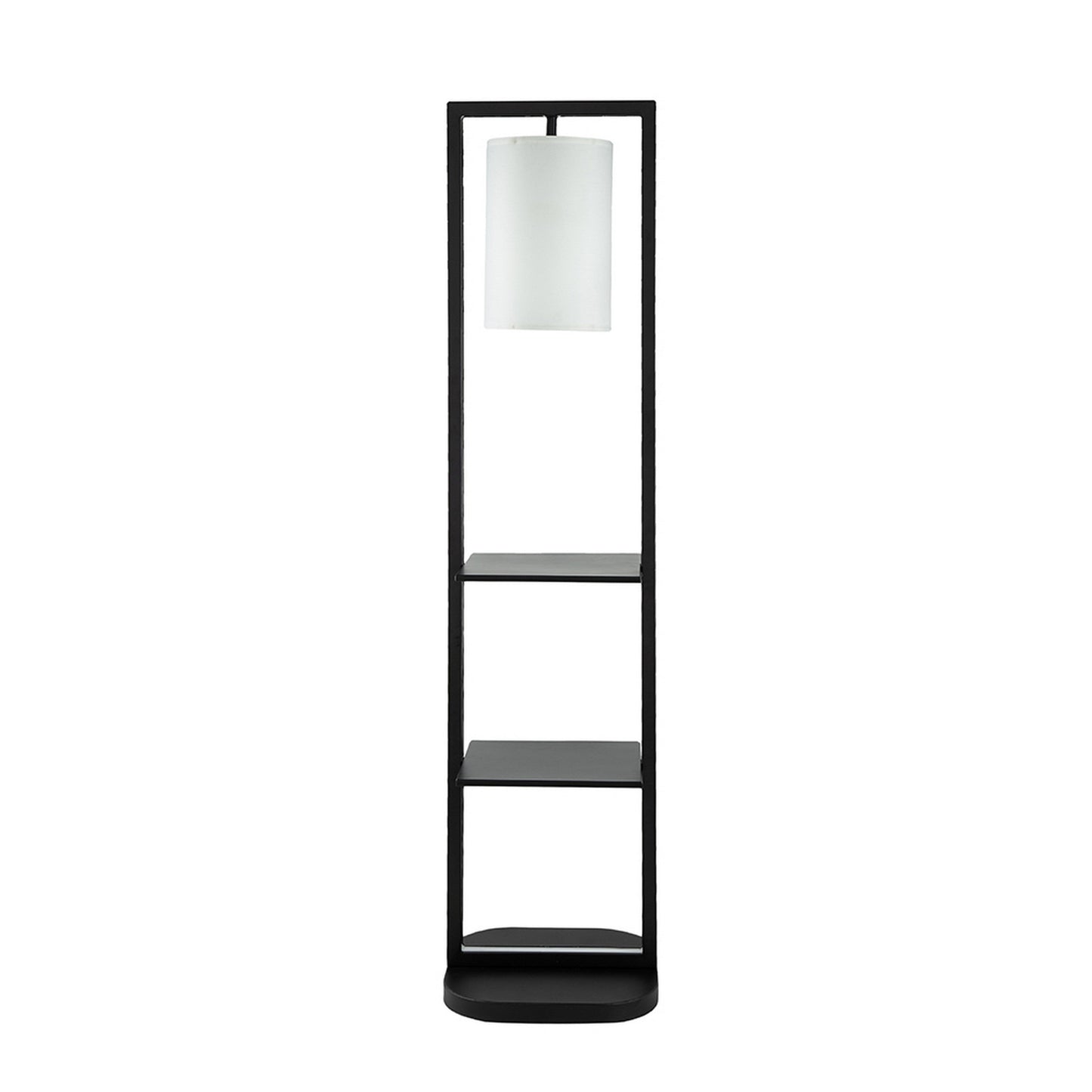 74 Inch Floor Lamp with 2 Shelves, Round Lampshade, Black Iron, White