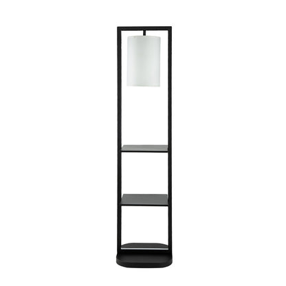 74 Inch Floor Lamp with 2 Shelves, Round Lampshade, Black Iron, White