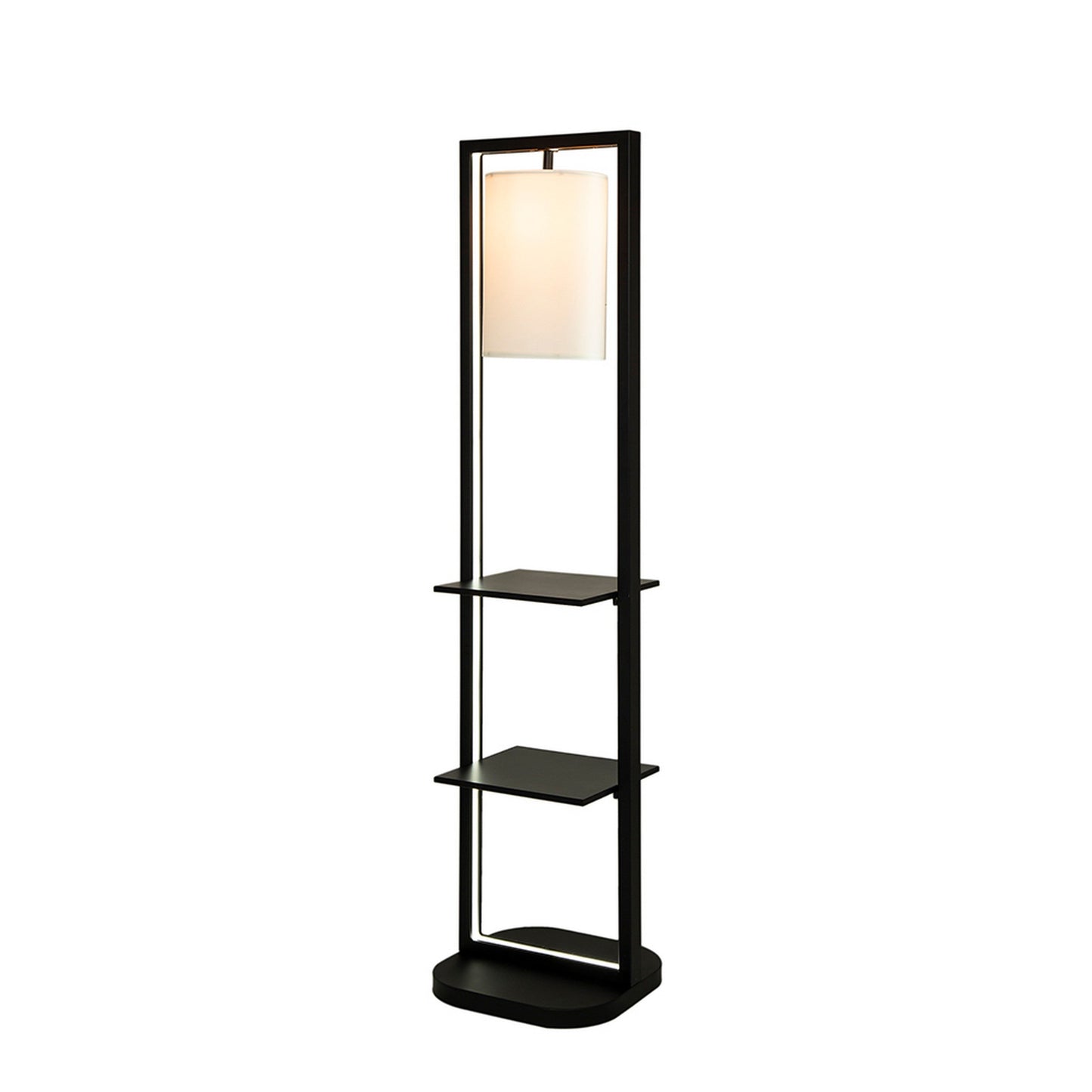 74 Inch Floor Lamp with 2 Shelves, Round Lampshade, Black Iron, White