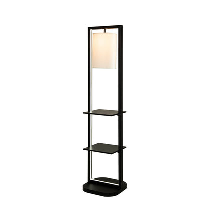74 Inch Floor Lamp with 2 Shelves, Round Lampshade, Black Iron, White