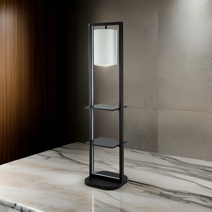 74 Inch Floor Lamp with 2 Shelves, Round Lampshade, Black Iron, White