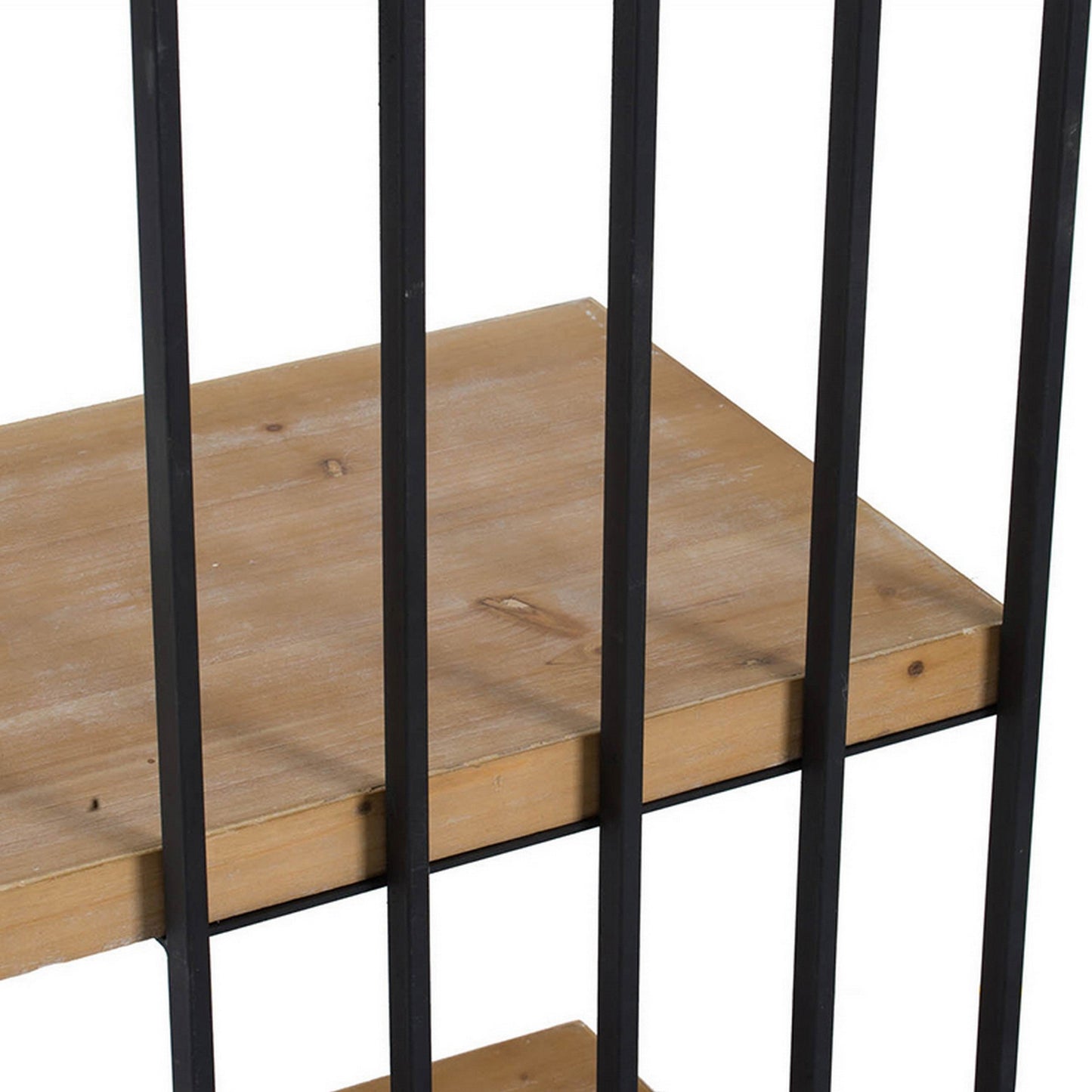 35 Inch 3 Tier Decorative Display Shelves, Black Iron, Fir Wood, Brown