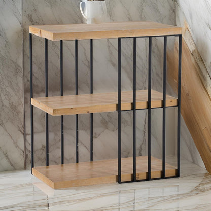 35 Inch 3 Tier Decorative Display Shelves, Black Iron, Fir Wood, Brown