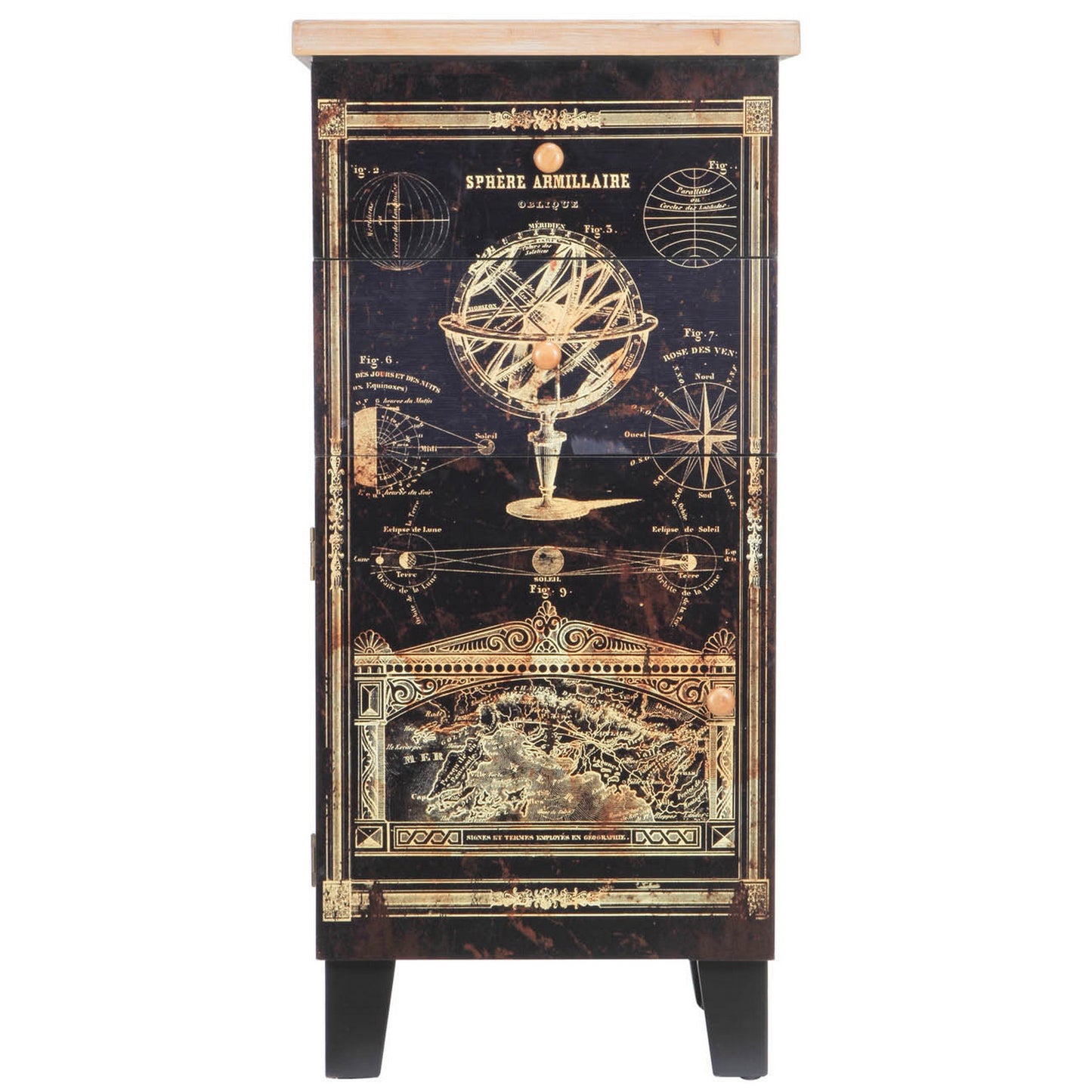 39 Inch Small Accent Cabinet, 2 Drawers, Door, Celestial Design, Black