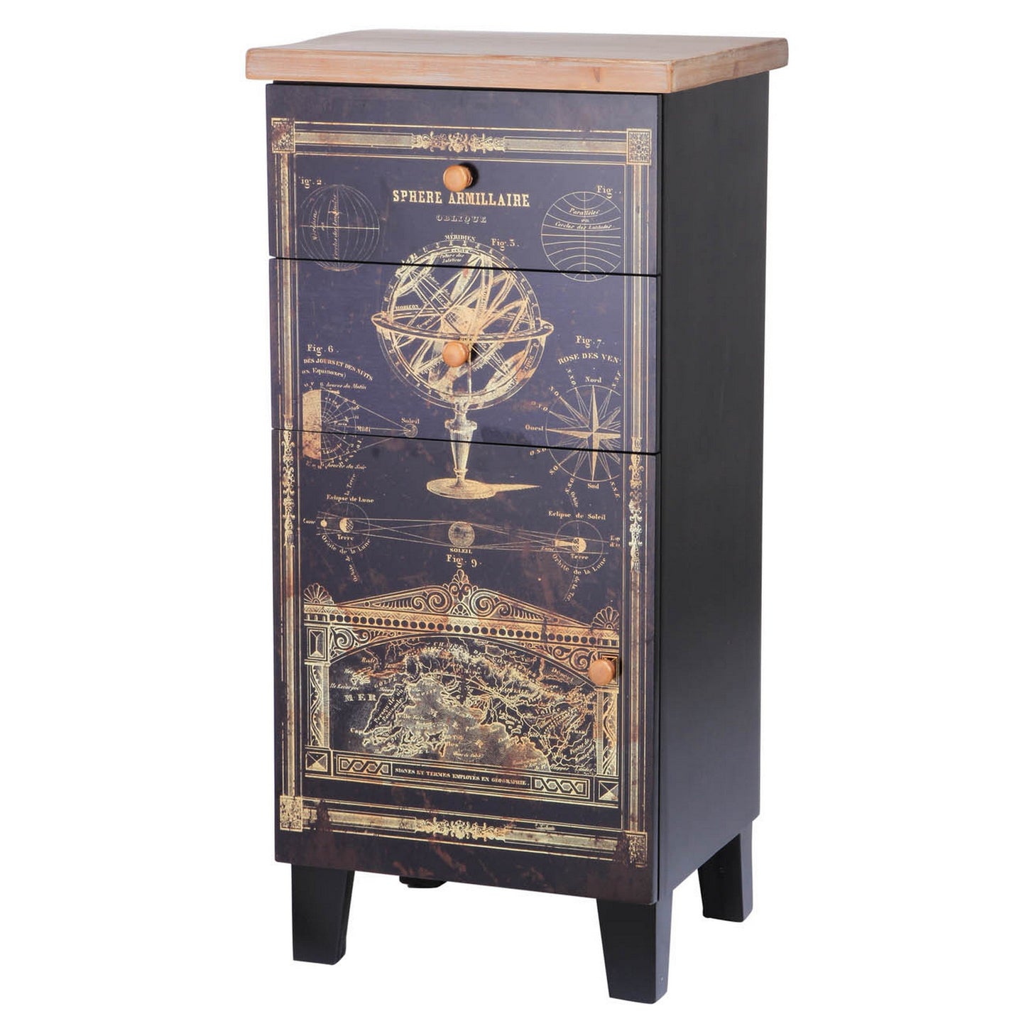 39 Inch Small Accent Cabinet, 2 Drawers, Door, Celestial Design, Black