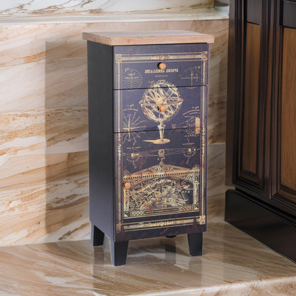 39 Inch Small Accent Cabinet, 2 Drawers, Door, Celestial Design, Black