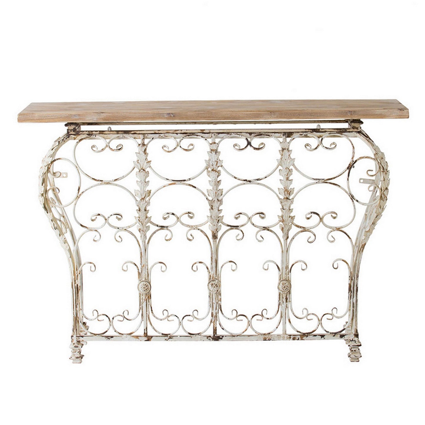 55 Inch Console Sofa Table with Scrollwork, Iron Curved Base, Wood, White