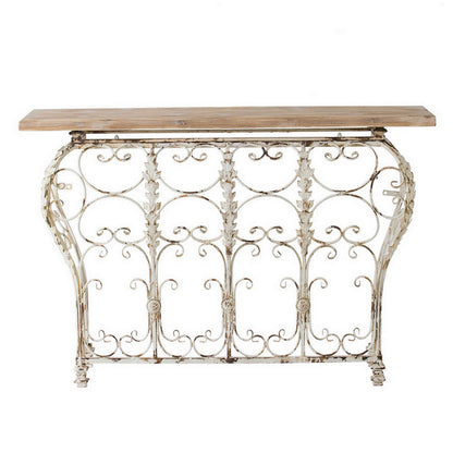 55 Inch Console Sofa Table with Scrollwork, Iron Curved Base, Wood, White