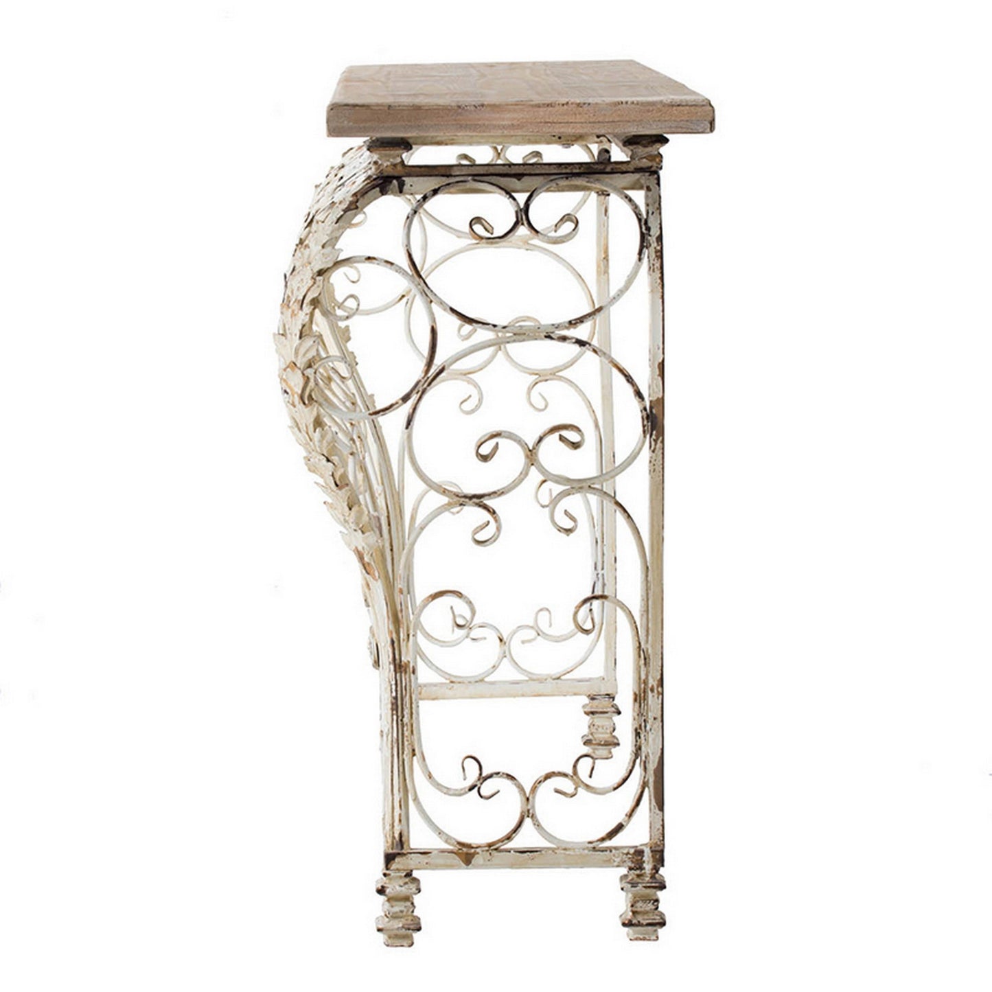 55 Inch Console Sofa Table with Scrollwork, Iron Curved Base, Wood, White