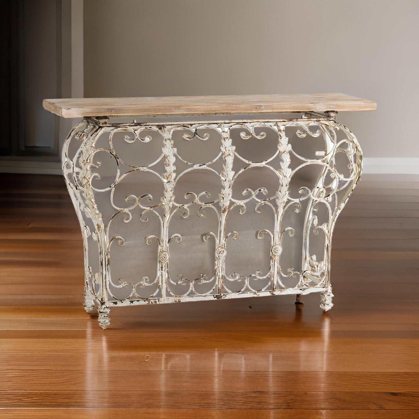 55 Inch Console Sofa Table with Scrollwork, Iron Curved Base, Wood, White