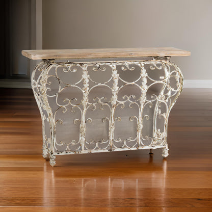 55 Inch Console Sofa Table with Scrollwork, Iron Curved Base, Wood, White