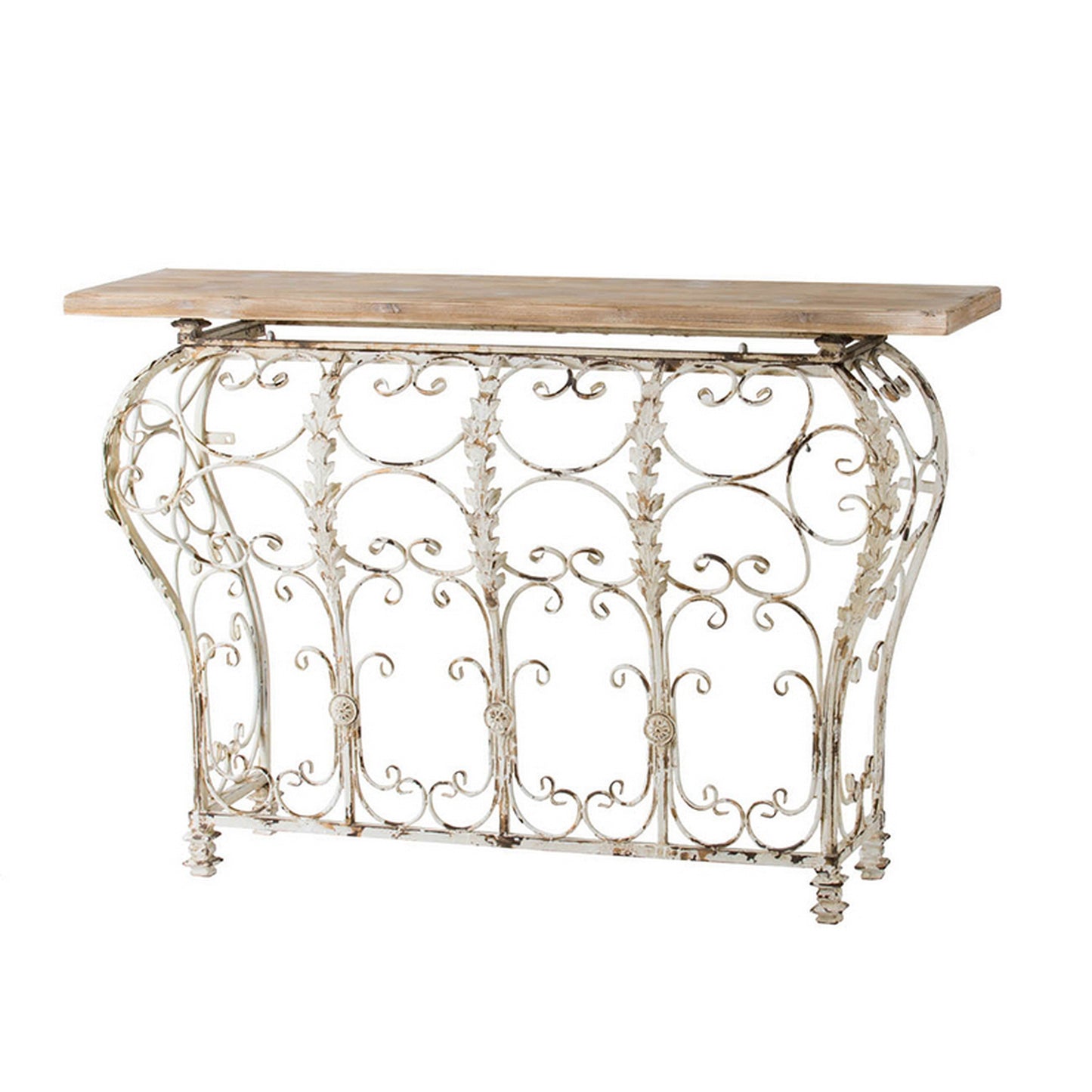 55 Inch Console Sofa Table with Scrollwork, Iron Curved Base, Wood, White