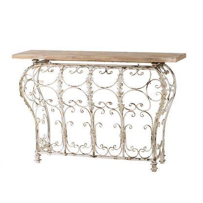 55 Inch Console Sofa Table with Scrollwork, Iron Curved Base, Wood, White