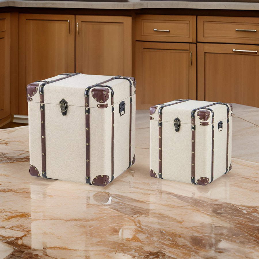 Vina 34 Inch Accent Storage Trunk Set of 2, Faux Leather, Cream Wood, Brown