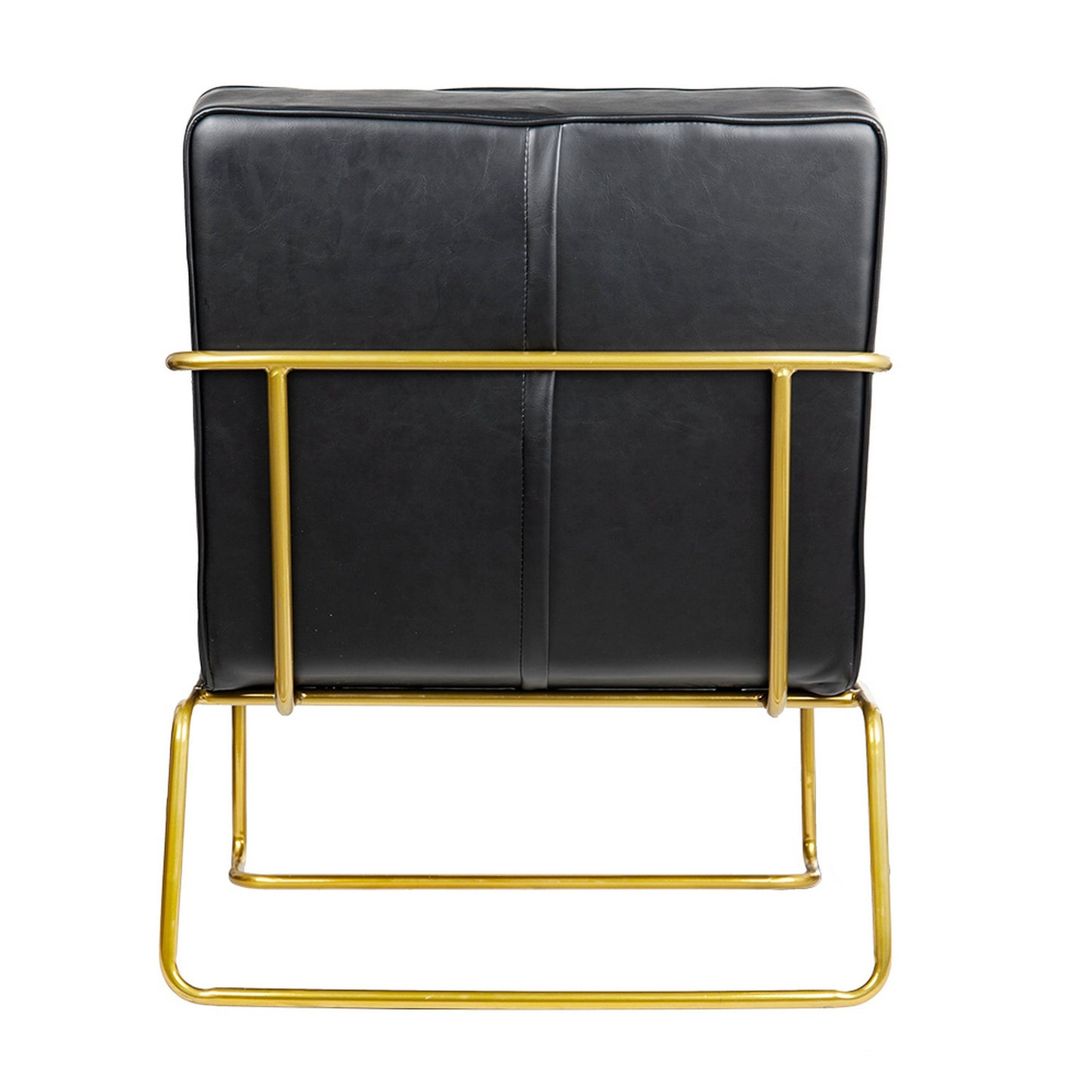 30 Inch Accent Chair, Gold Iron Frame, Channel Tufted Black Faux Leather