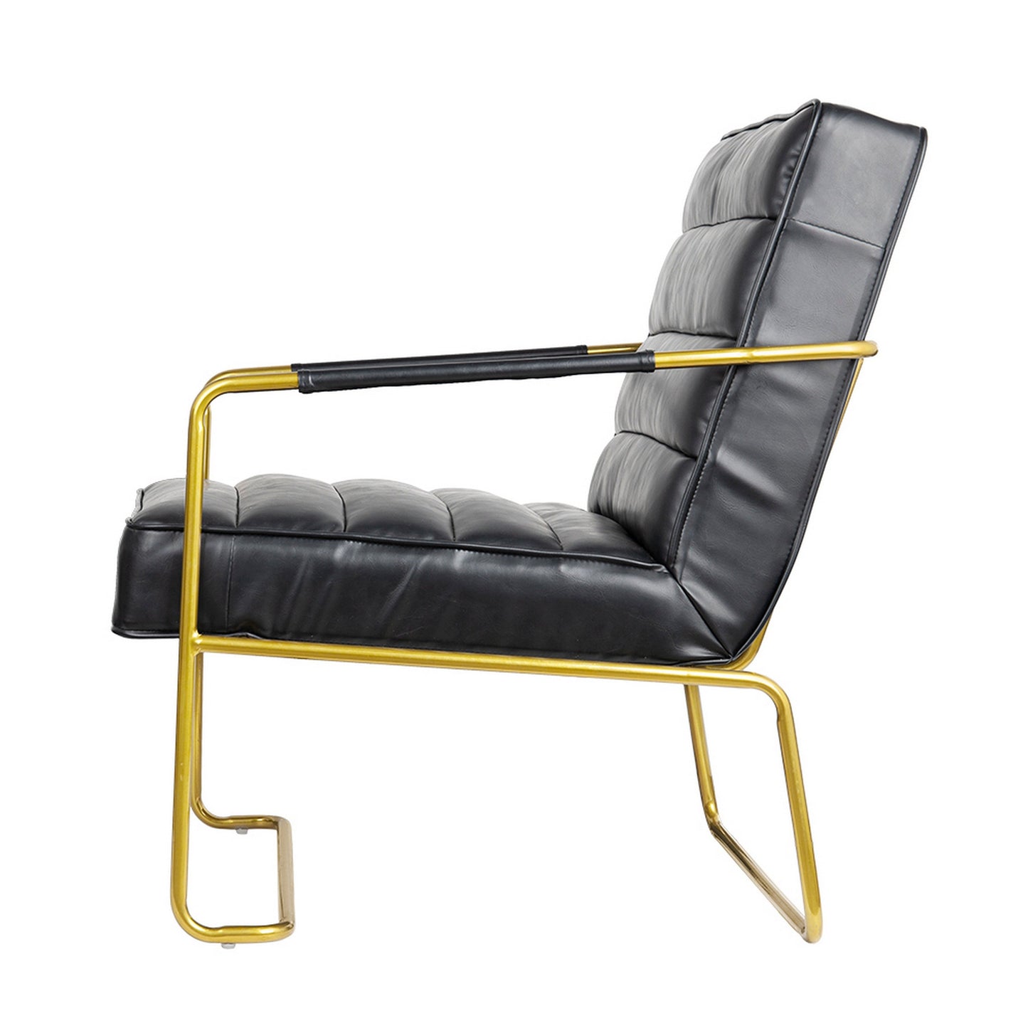 30 Inch Accent Chair, Gold Iron Frame, Channel Tufted Black Faux Leather