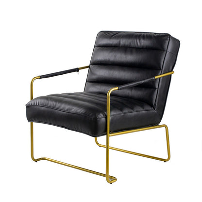 30 Inch Accent Chair, Gold Iron Frame, Channel Tufted Black Faux Leather