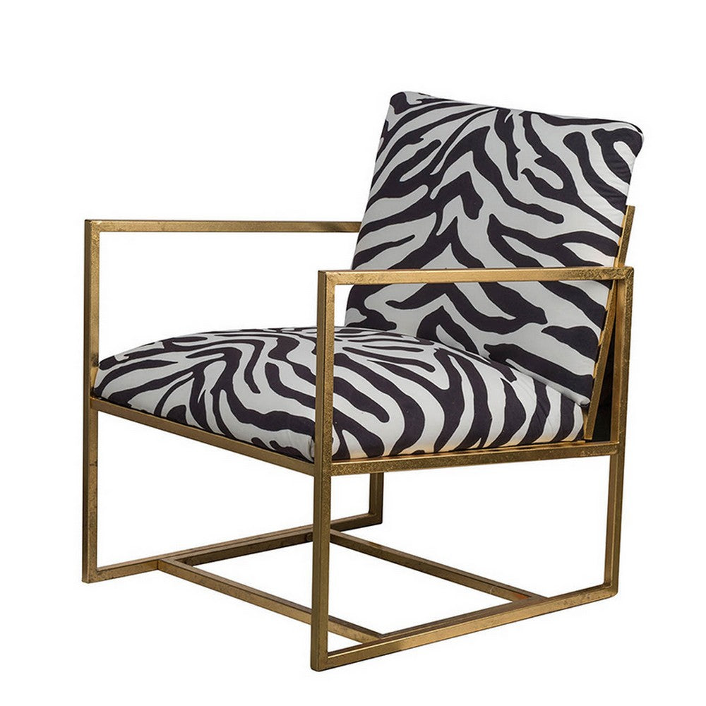 27 Inch Accent Armchair with Zebra Print, Polyester Upholstery, Iron, Gold