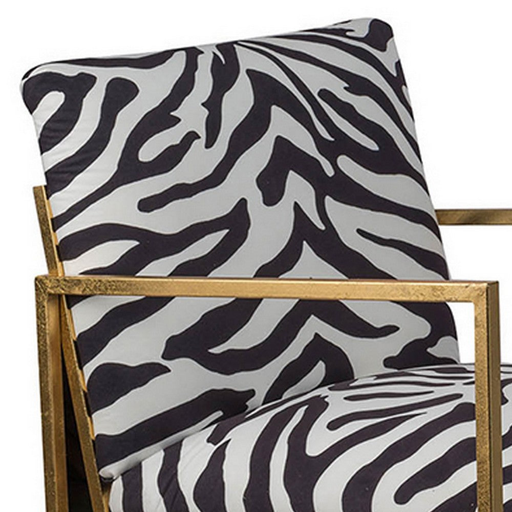 27 Inch Accent Armchair with Zebra Print, Polyester Upholstery, Iron, Gold