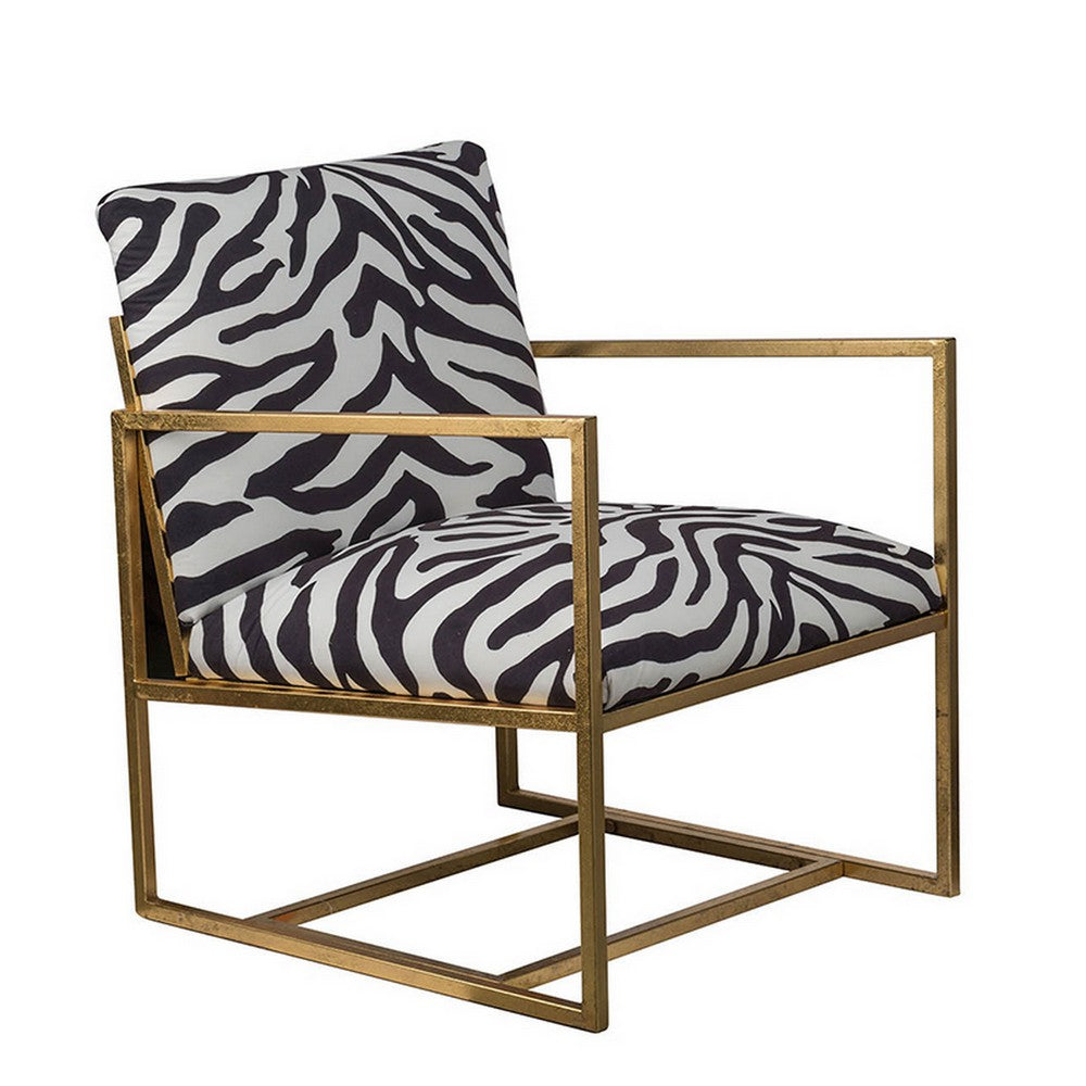 27 Inch Accent Armchair with Zebra Print, Polyester Upholstery, Iron, Gold