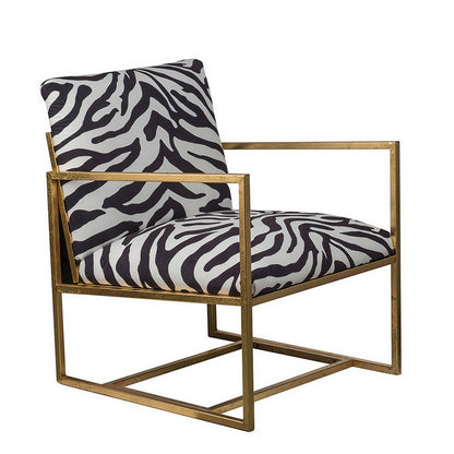 27 Inch Accent Armchair with Zebra Print, Polyester Upholstery, Iron, Gold
