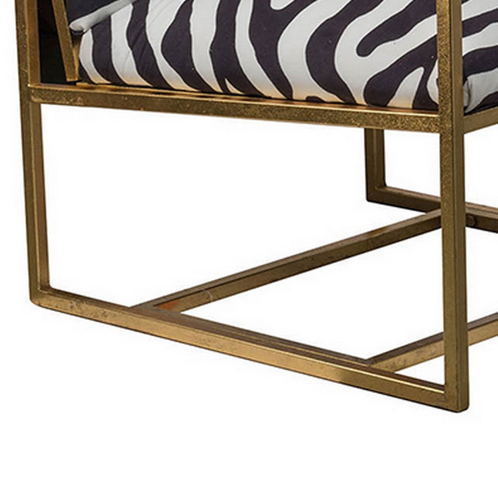 27 Inch Accent Armchair with Zebra Print, Polyester Upholstery, Iron, Gold