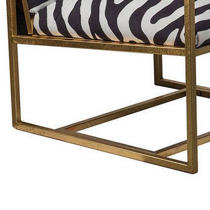 27 Inch Accent Armchair with Zebra Print, Polyester Upholstery, Iron, Gold