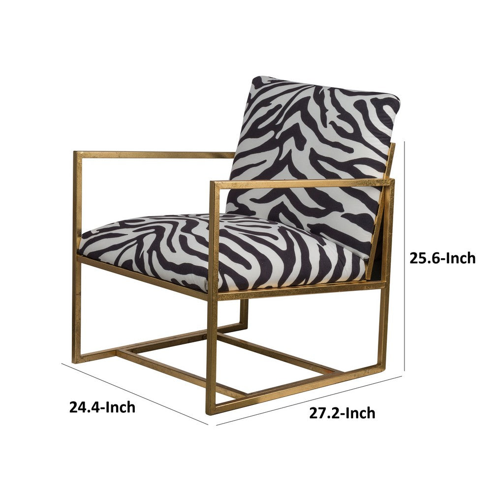 27 Inch Accent Armchair with Zebra Print, Polyester Upholstery, Iron, Gold