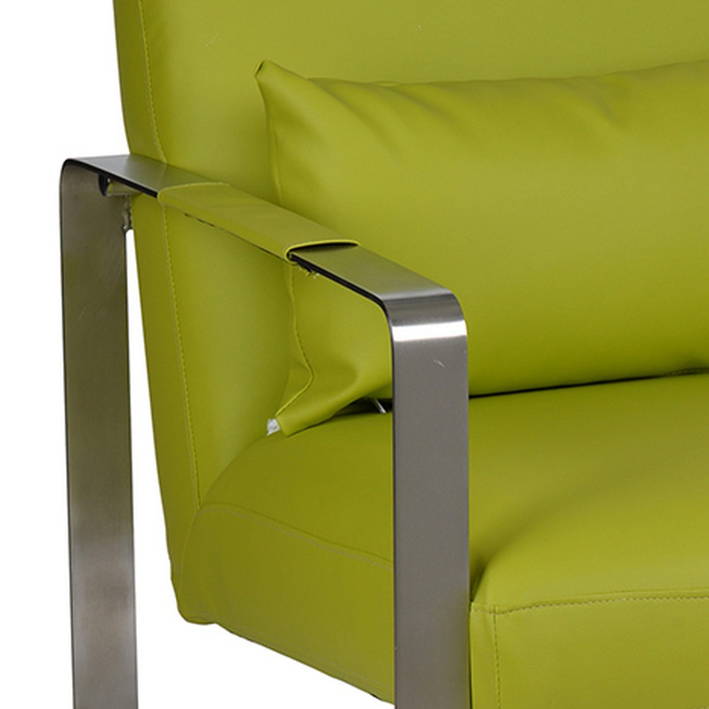 29 Inch Accent Lounge Chair, Cushion, Stainless Steel, Green Faux Leather