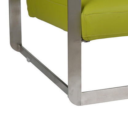 29 Inch Accent Lounge Chair, Cushion, Stainless Steel, Green Faux Leather
