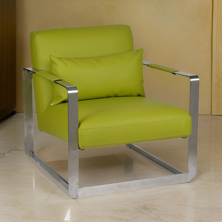 29 Inch Accent Lounge Chair, Cushion, Stainless Steel, Green Faux Leather