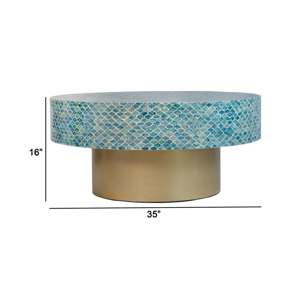 Piki 35 Inch Coffee Table, Round, Mughal Capiz Inlaid Pattern, Blue, Gold