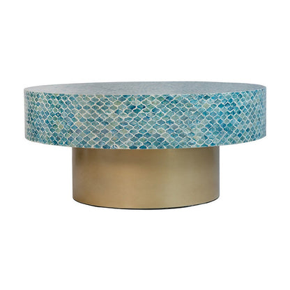 Piki 35 Inch Coffee Table, Round, Mughal Capiz Inlaid Pattern, Blue, Gold