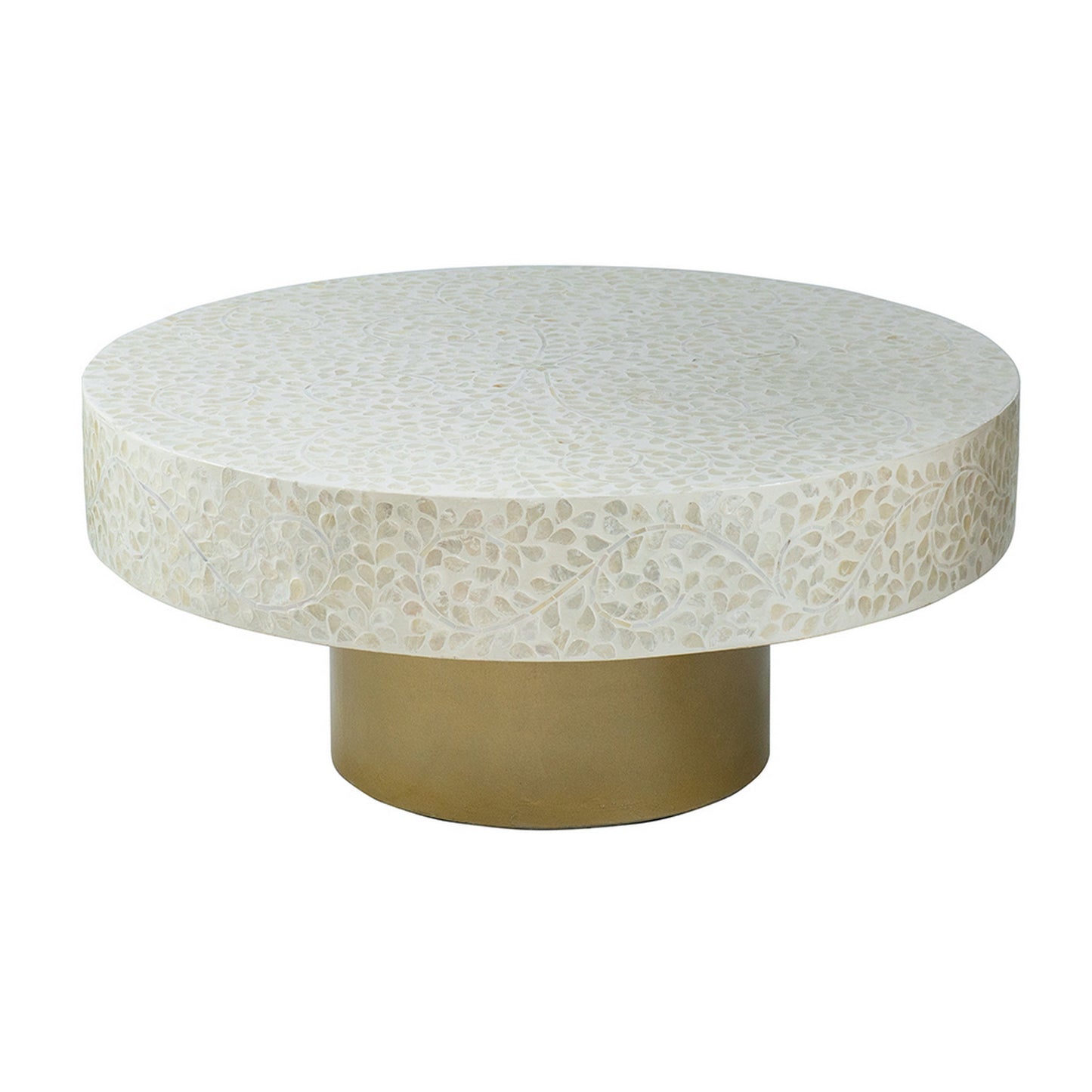 Piki 35 Inch Coffee Table, Mughal Capiz Inlaid Pattern, Cream, Gold