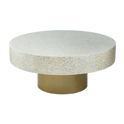 Piki 35 Inch Coffee Table, Mughal Capiz Inlaid Pattern, Cream, Gold