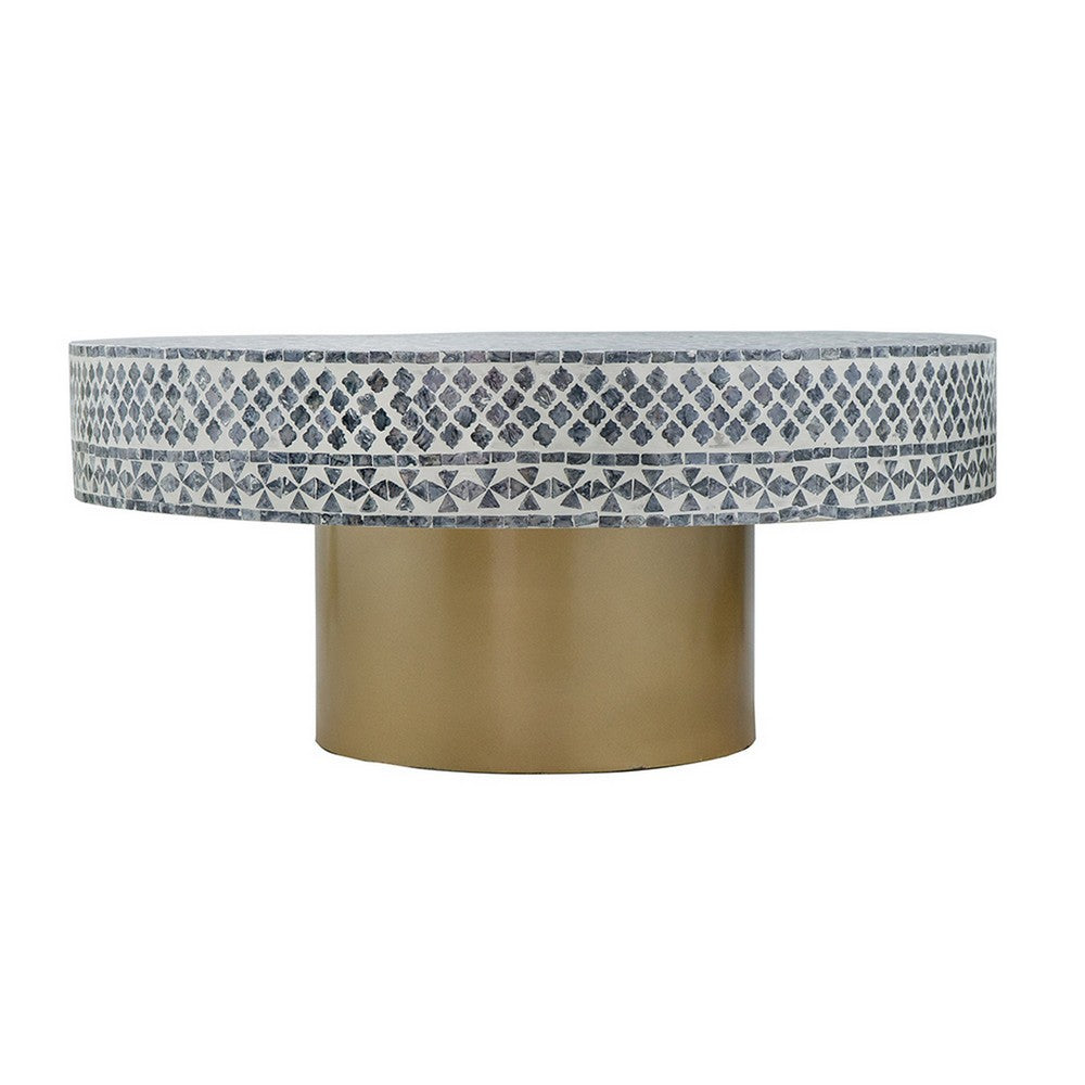 Piki 35 Inch Coffee Table, Mughal Capiz Inlaid Pattern, Gray, Gold