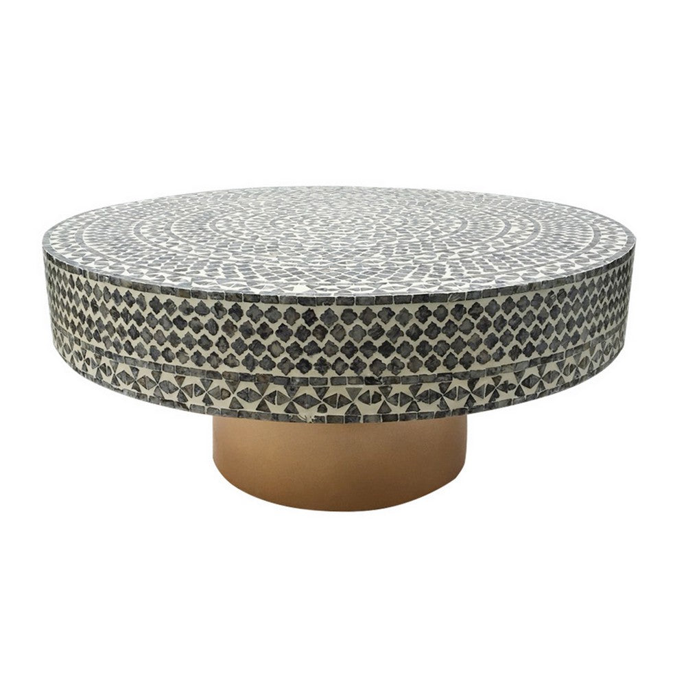 Piki 35 Inch Coffee Table, Mughal Capiz Inlaid Pattern, Gray, Gold