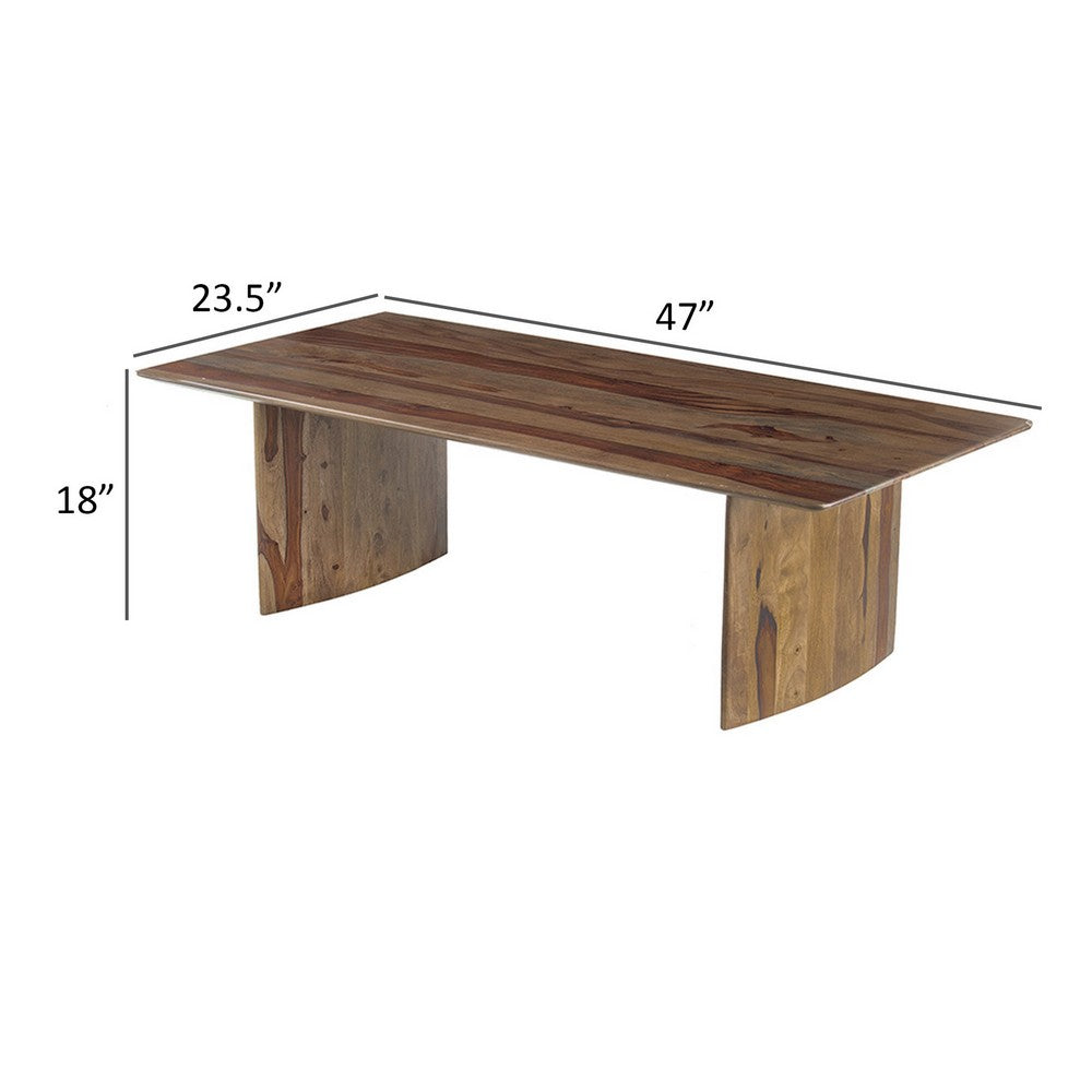 Dice 47 Inch Coffee Table, Rectangular Top, Dual Base, Brown Sheesham Wood
