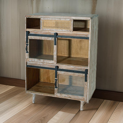 47 Inch Sideboard Server Cabinet, Sliding Doors, Iron, Sandblast White Wood