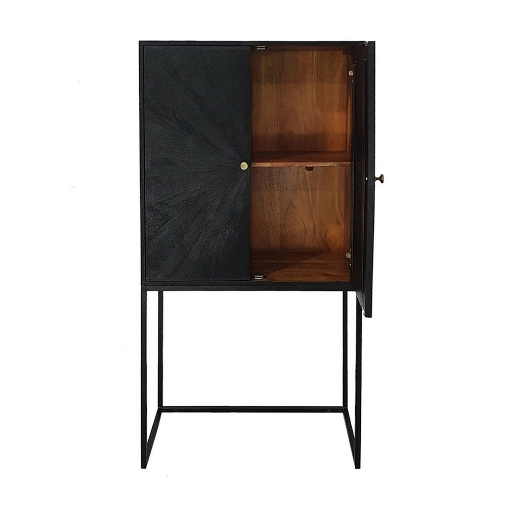 59 Inch Accent Cabinet, 2 Doors, Iron Stand, Acacia Wood, MDF, Black