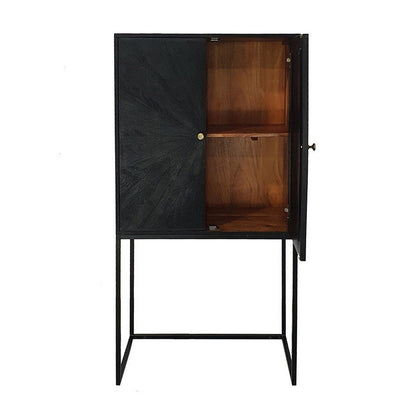 59 Inch Accent Cabinet, 2 Doors, Iron Stand, Acacia Wood, MDF, Black