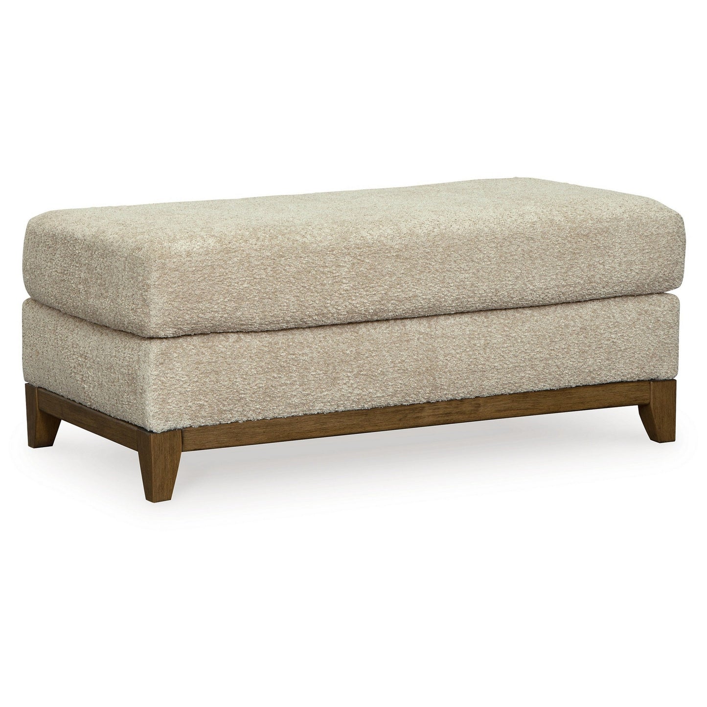 Klyn 44 Inch Ottoman, Plush Cushion, Faux Wood Rail Feet, Beige Polyester