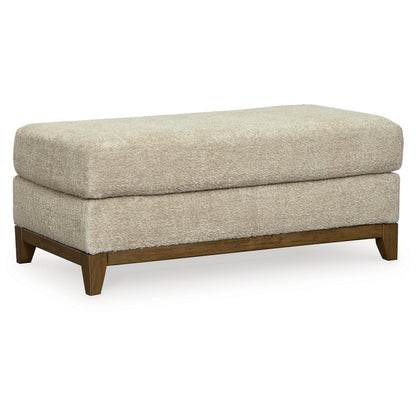 Klyn 44 Inch Ottoman, Plush Cushion, Faux Wood Rail Feet, Beige Polyester