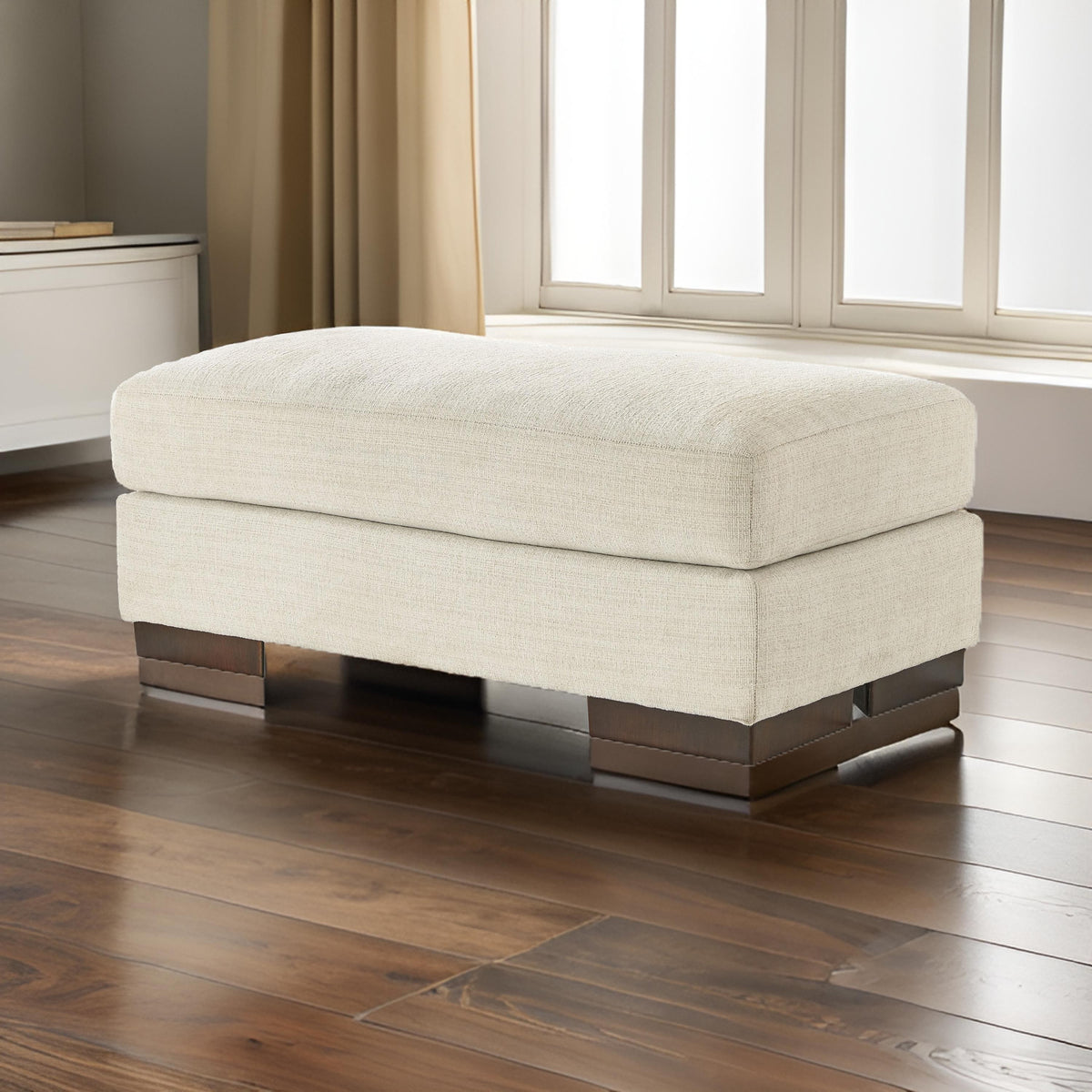 Magg 44 Inch Ottoman, Low Profile Block Feet, Beige Polyester Upholstery