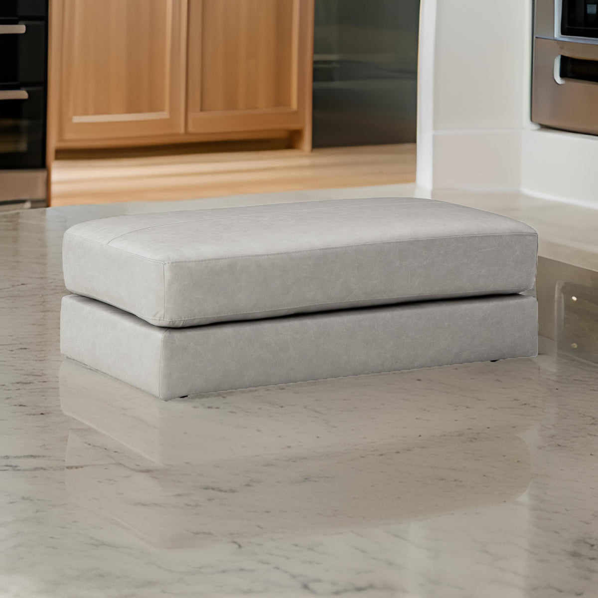 Kaite 44 Inch Ottoman, Plush Top Cushion, Genuine and Faux Leather, Gray