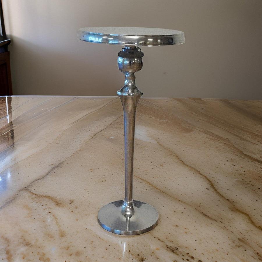 42 Inch Bar Drink Table, Round Top, Slender Turned Support, Chrome Metal