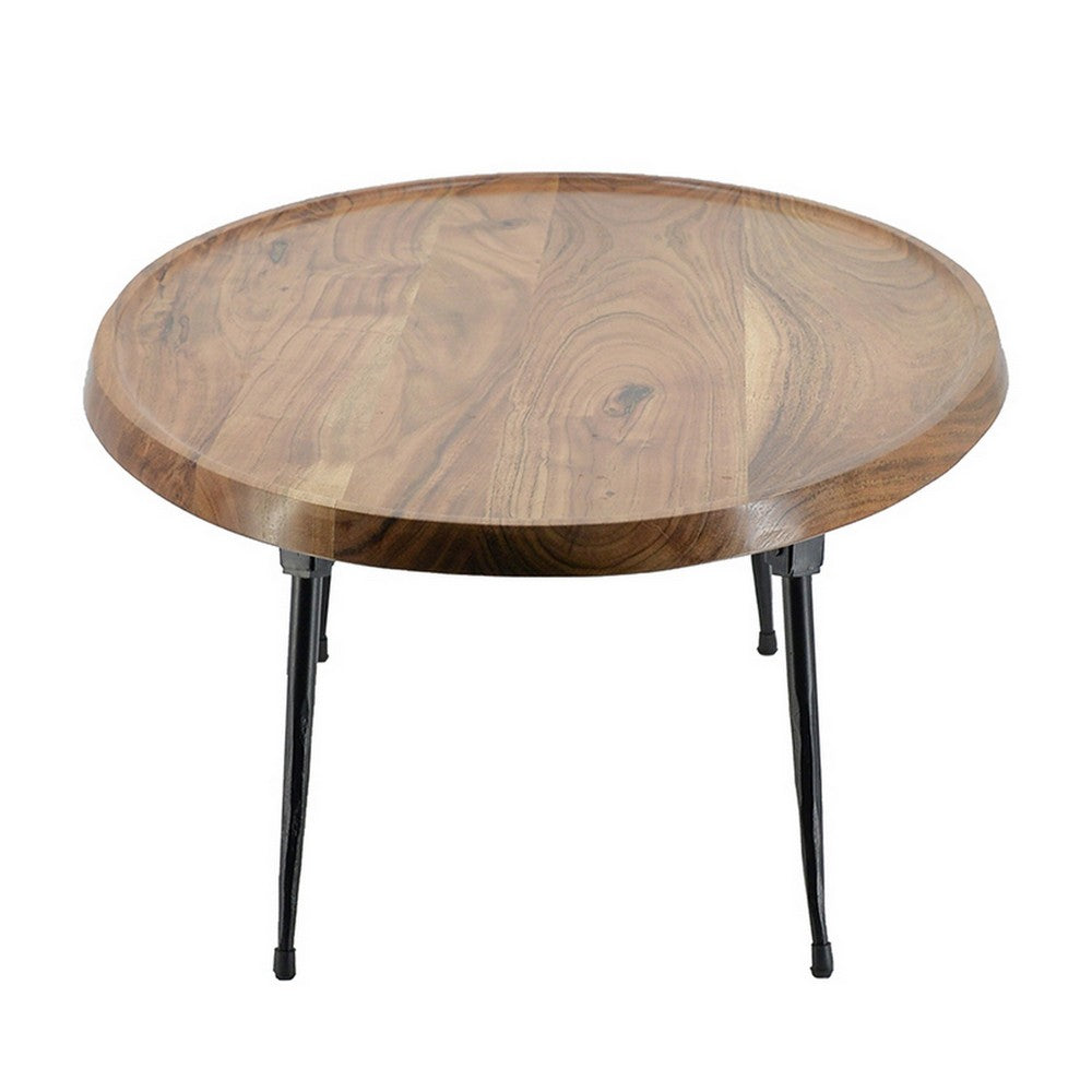 Aji 31 Inch Coffee Table, Oval Acacia Wood Top, Iron Legs, Brown and Black