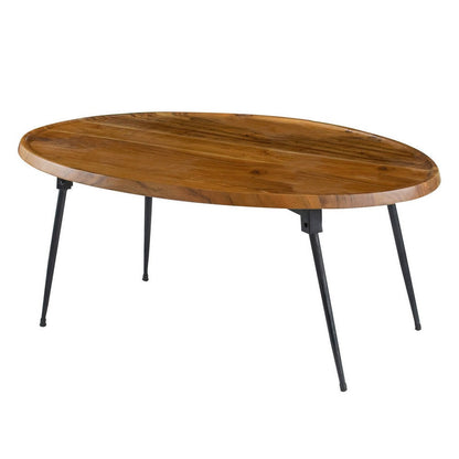 Aji 31 Inch Coffee Table, Oval Acacia Wood Top, Iron Legs, Brown and Black