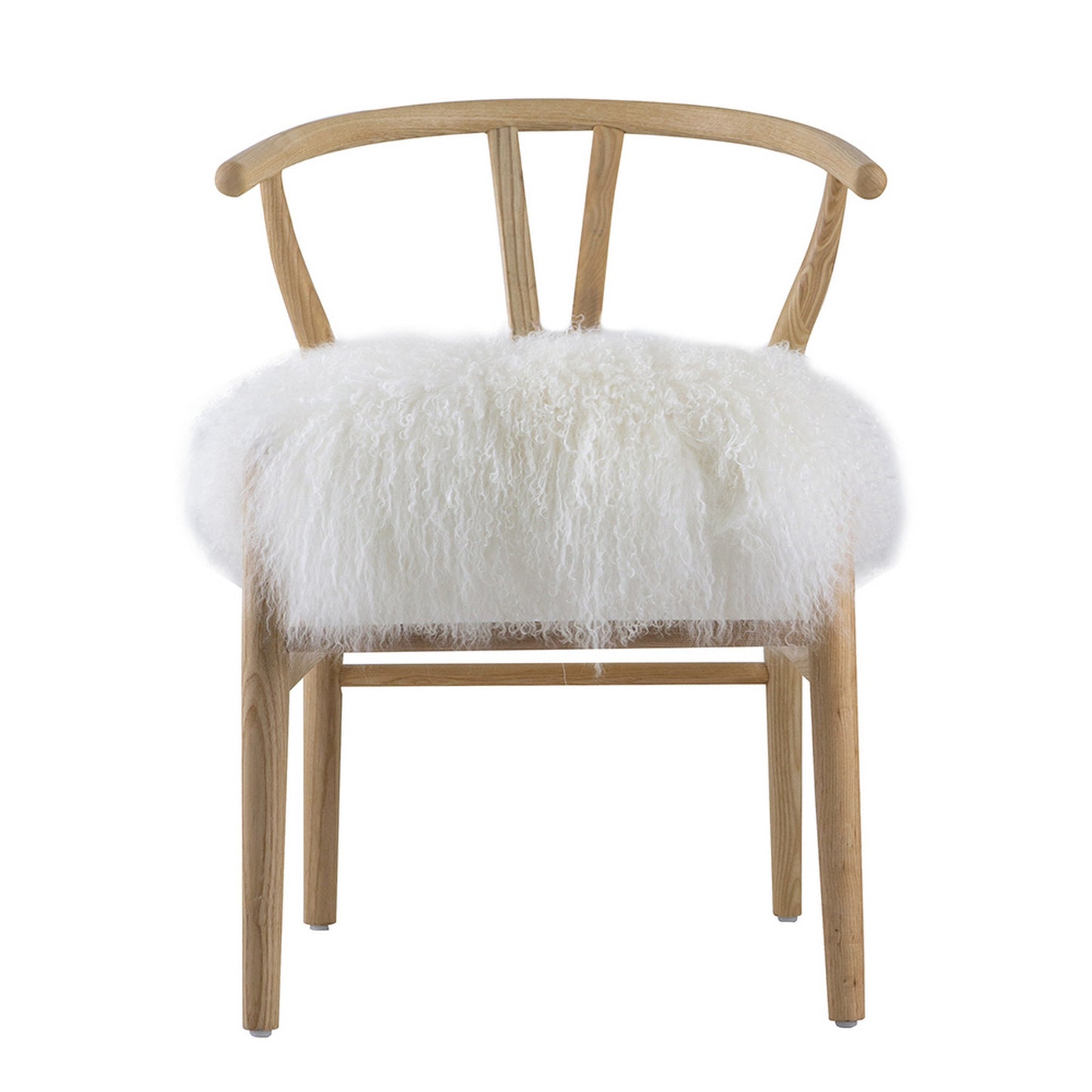 44 Inch Accent Chair Set of 2, White Faux Fur, Wishbone, Beige Ash Wood